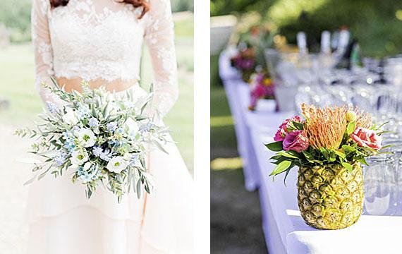 deux photos : mariée tient un bouquet de fleurs ; un bouquet de fleurs dans un vase en forme d'ananas